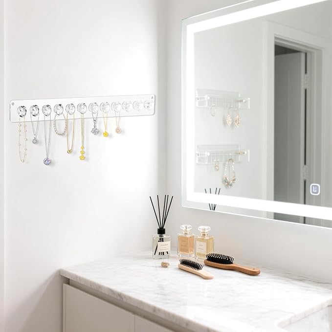 4Pcs Acrylic Necklace Holder Wall,Clear Necklace Hanger with 12 Hook for Girls Women,Easy Install Necklace Hanger Wall Mount Jewelry Organizer wall mount for Necklaces, Bracelets, Chains