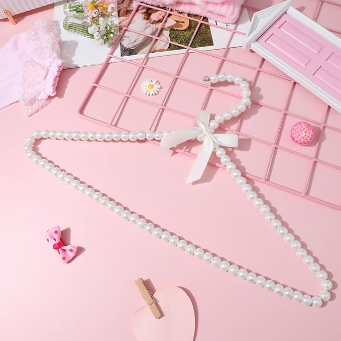 PRETYZOOM Artificial Pearl Bowknot Clothes Hangers 15.7 Inch Plastic Hangers for Home Wardrobe Wedding Bride Dress Display with Strong Load Capacity 2-Pack