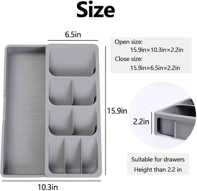 Expandable Kitchen Drawer Organizer Tray, 15.9×10.3×2.2in,Adjustable Silverware Storage for Spoons,Forks,Knives, Compact Cutlery Holder Saves Space(Grey)