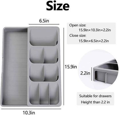 Expandable Kitchen Drawer Organizer Tray, 15.9×10.3×2.2in,Adjustable Silverware Storage for Spoons,Forks,Knives, Compact Cutlery Holder Saves Space(Grey)