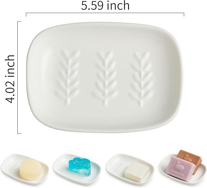 Miamolo Soap Dish Soap Holder Shower, Ceramic Soap Dishes for Bar Soap Sponge, Shower Soap Dish Soap Saver Tray for Bathroom Kitchen Sink, Easy to Clean, White (Pack of 2)