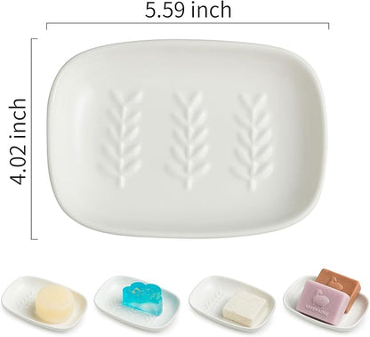 Miamolo Soap Dish Soap Holder Shower, Ceramic Soap Dishes for Bar Soap Sponge, Shower Soap Dish Soap Saver Tray for Bathroom Kitchen Sink, Easy to Clean, White