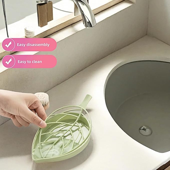 Leaf-Shaped Soap Dish Set, 2-Tier Soap Holder Drain Rack, Leaf Design - No Drill Wall Mount, Detachable Bathroom Organizer for Shower Sink (Pastel Green/Blue/Pink)