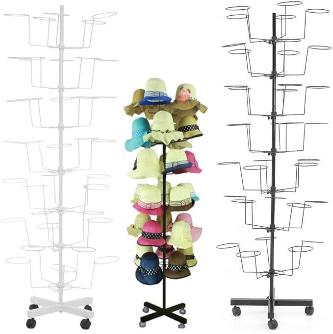 7 Tiers Rotating Hat Rack, Hats Stand Display, Adjustable Iron Hat Cap Stand, Freestanding Cap Hat Retail Display Stand,Hat Rotating Display, 35 Hats Caps Holders for Hats and Wigs (White)