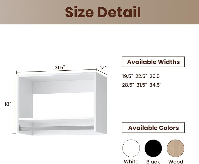ROOMTEC 31.5" Tall Hanging Closet Unit, Modular Closet System with Hanging Rod, Wardrobe Organizer for Bedroom or Walk-in Closet, Wall Mounted, Customizable Clothes Storage Unit, White