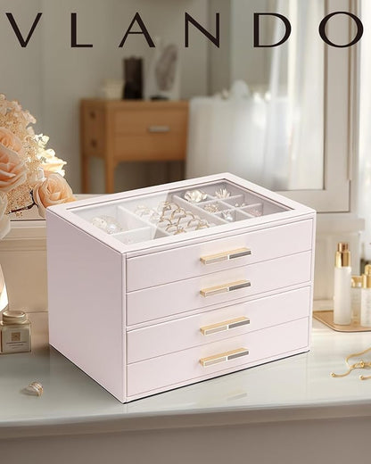 VLANDO 4 Layer Jewelry Box for Women, Glass Lid Jewelry Organizer with 4 Drawers for Necklaces Rings Earrings Bracelets - Light Pink