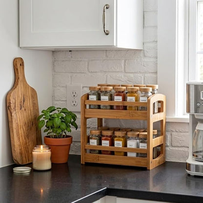 Briful Bamboo Spice Rack Organizer for Countertop, 2-Tier Seasoning Shelf Small Spice Holder for Kitchen Organization Pantry & Cabinet Decor, Brown