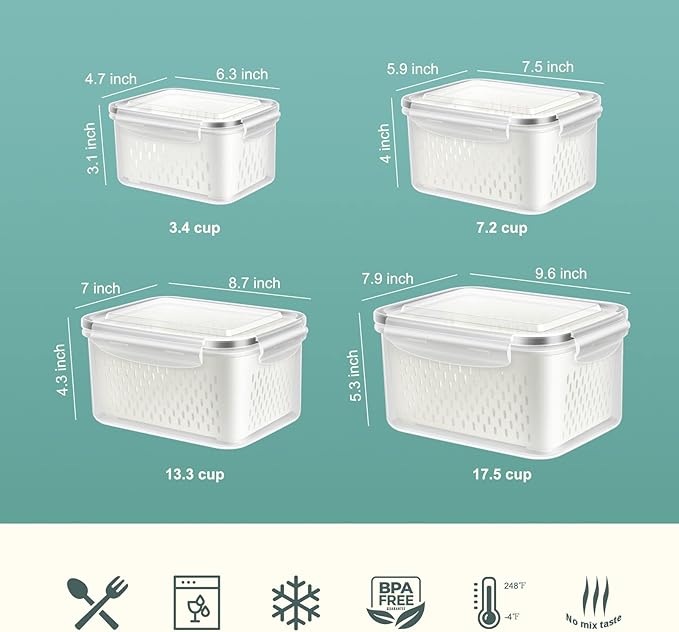 8 Pieces Fruit Storage Container for Fridge, 4Pack Plastic Fruit Containers for Fridge with Removable Colander, Container for Fruit Berry Salad Lettuce, BPA Free Kitchen Refrigerator Organizers