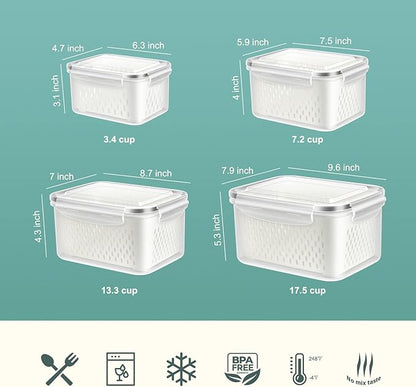 8 Pieces Fruit Storage Container for Fridge, 4Pack Plastic Fruit Containers for Fridge with Removable Colander, Container for Fruit Berry Salad Lettuce, BPA Free Kitchen Refrigerator Organizers
