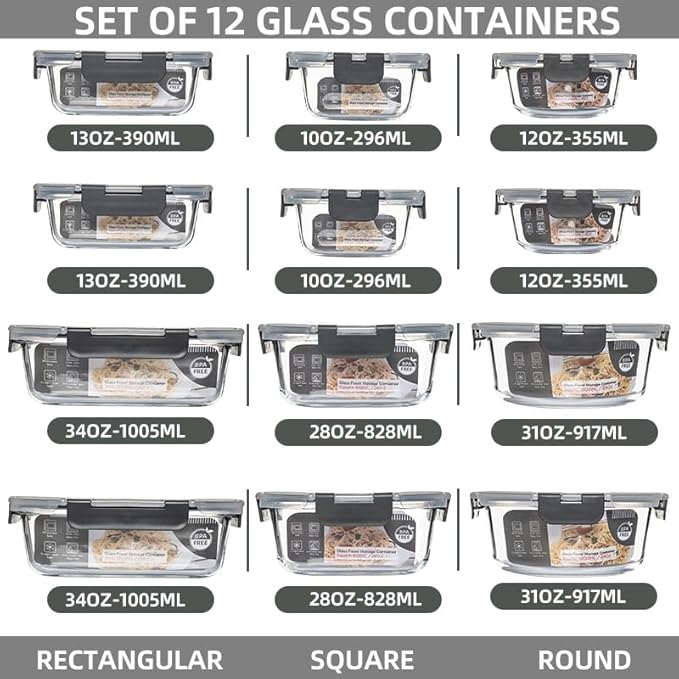 12 Pack Glass Storage Containers Transparent, Stackable Design Meal Prep Containers for Food Storage, Home, Kitchen & Pantry Organization, Microwave/Freezer/Dishwasher Safe
