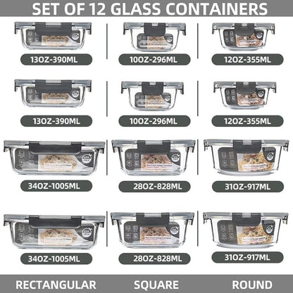 12 Pack Glass Storage Containers Transparent, Stackable Design Meal Prep Containers for Food Storage, Home, Kitchen & Pantry Organization, Microwave/Freezer/Dishwasher Safe