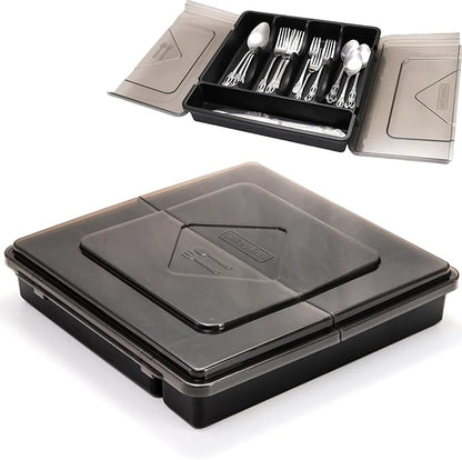 Dicunoy Silverware Organizer with Lid, Covered Utensil Drawer Organizer Tray for Kitchen, 5 Compartments Plastic Black Cutlery Flatware Storage Box for Spoons Forks Knives, Office, RV, Countertop