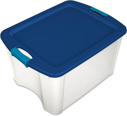 Sterilite 18 Gal Latch and Carry, Stackable Storage Bin with Latching Lid, Plastic Container to Organize Closets, Clear with Blue, 6-Pack