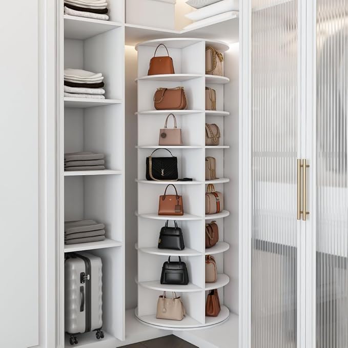Shoe Organizer 8-Tier Spinning Shoe Rack - 360° Rotating Storage Organizer for 20-32 Pairs, Space Saving Narrow Design for Entryway/Closet Closet Handbag Display Rotate (White-8)