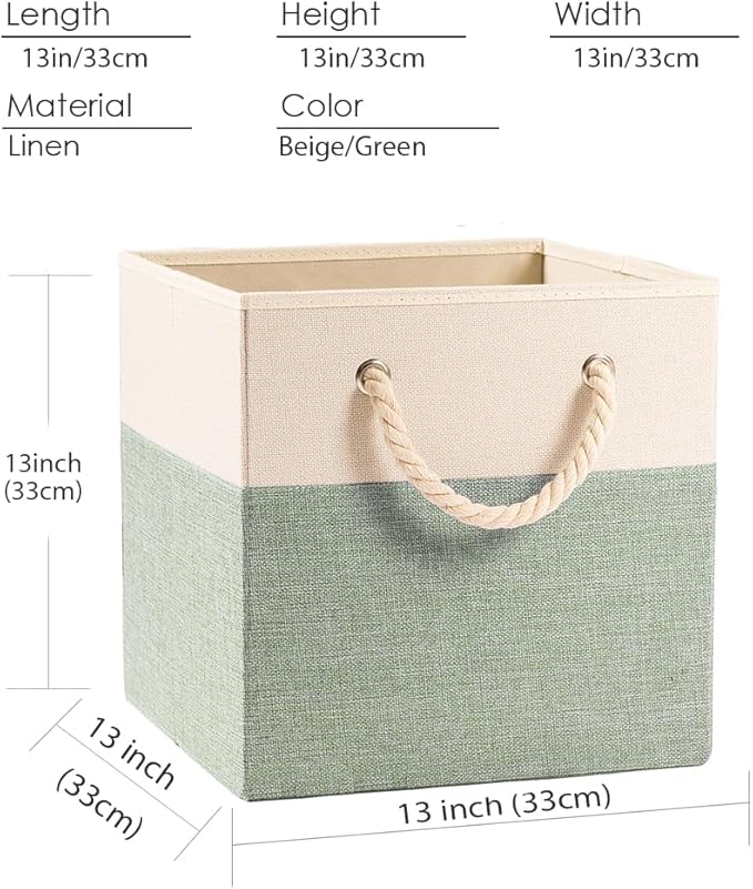 PRANDOM Large Foldable Cube Storage Bins 13x13 inch [4-Pack] Fabric Linen Storage Baskets Cubes Drawer with Cotton Handles Organizer for Shelves Nursery Closet Bedroom Beige/Green