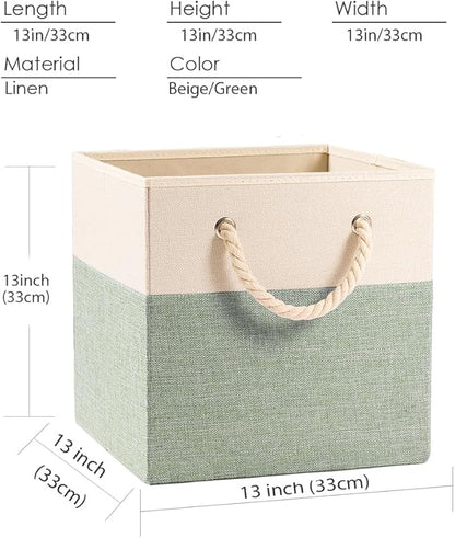 PRANDOM Large Foldable Cube Storage Bins 13x13 inch [4-Pack] Fabric Linen Storage Baskets Cubes Drawer with Cotton Handles Organizer for Shelves Nursery Closet Bedroom Beige/Green