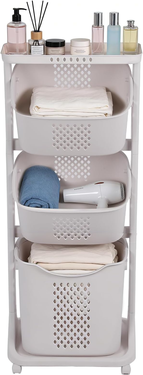 FAHKNS 3-Tier Laundry Sorter Cart with Wheels, Large 75L Capacity Hamper Organizer, Rolling Storage with Removable Mesh Bins for Laundry Use in Home, Dorm, Apartment (17.3" x 13.1" x 42.6)