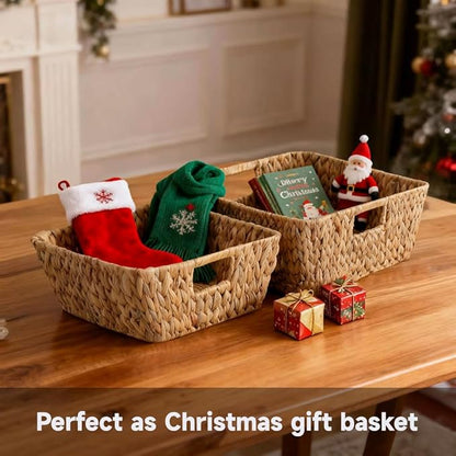 Square Water Hyacinth Storage Baskets Set of 2, Woven Basket for Christmas Gifts Empty, Handwoven Wicker Baskets Organizers with Handles for Pantry, Living Room，Shelf & Home Decor,Medium