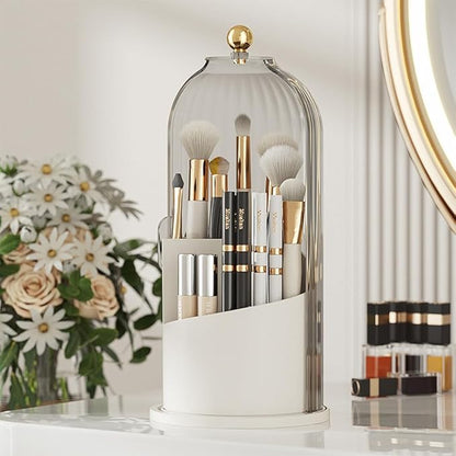 Makeup Brush Holder Organizer with Lid, 360° Rotating Clear Dustproof Cosmetics Storage, Makeup Brushes Cup Pen Holder for Vanity Desktop Bathroom Countertop (Clear White Cap)