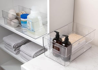 Isaac Jacobs 2-Pack Clear Expandable Storage Bins - Large, 11"-19" L x 7.8" W x 5.8" H, Plastic Organizer with Cut-Out Handles, Adjustable Length from 11-19" for Home, Kitchen & Office