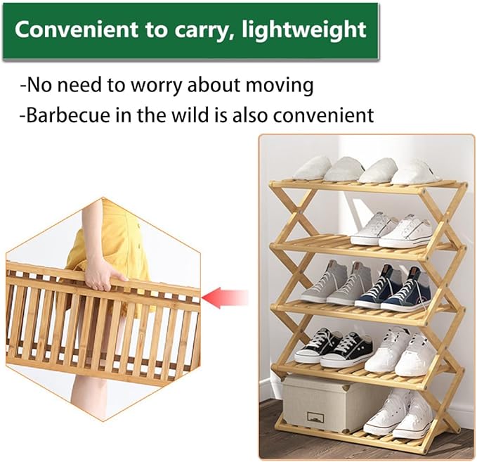 5 Tier Bamboo Shoe Rack,Portable Folding Shoe Storage Rack,Without Installation Small Shoe Rack Perfect for Corridors, Bedrooms and Small Spaces (5 Tier)