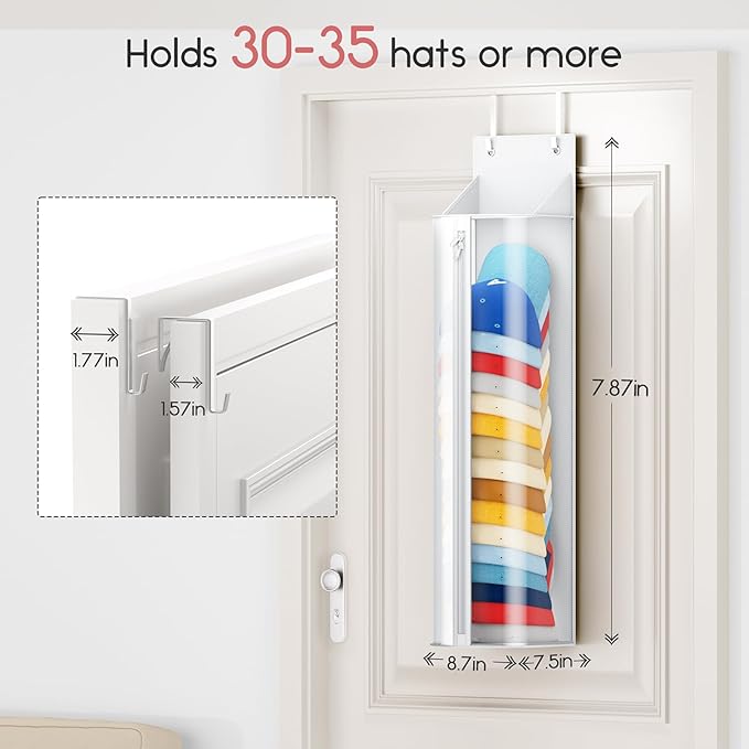 Homsorout Hat Rack for Door and Closet – Large Capacity Hanging Hat Rack Organizer Holds 30-35 Caps, Over the Door Hat Storage Organizer for Bedroom, Entrance or Dorm, 1 Pack, White
