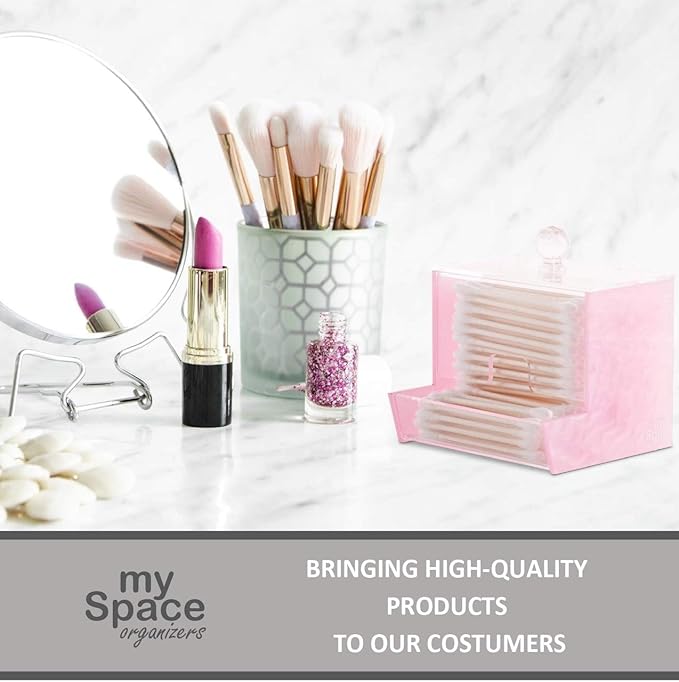My Space Organizers Pink Acrylic Qtip Holder for Qtip Brand Cotton Swab Holder, Qtip Dispenser, Modern Bathroom Decor Organizer for Countertop Vanity Storage (Pink)