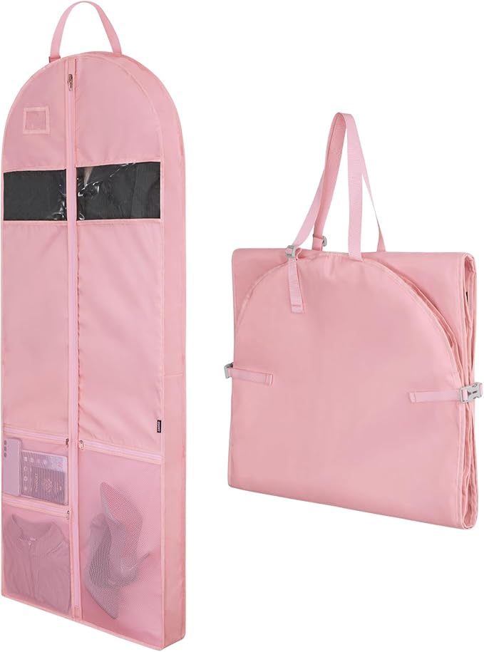 Garment Bags for Travel,60" Heavy Duty Suit Dress Garment Bag with 2 Clear Windows 3 Zipper Pockets,Dress Bags with Shoe Storage for Long Coat, Jacket, Sweater, Shirts, Suits - Pink