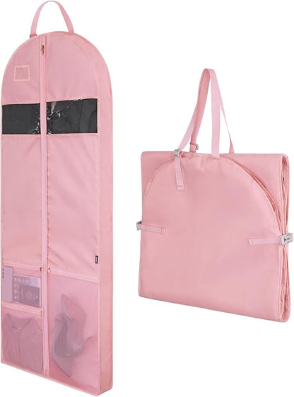 Garment Bags for Travel,60" Heavy Duty Suit Dress Garment Bag with 2 Clear Windows 3 Zipper Pockets,Dress Bags with Shoe Storage for Long Coat, Jacket, Sweater, Shirts, Suits - Pink