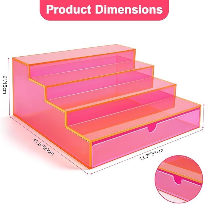 Perfume Organizer for Women Acrylic Perfume Display Shelf with Drawer 4-Tier Makeup Stand for Vanity Cosmetic Display Case, Neon Pink