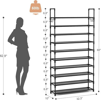 VTRIN 10 Tier Shoe Rack Tall Large Capacity Wide Shoe Organizer with Two Hooks Sturdy Metal Shoe Shelf for Entryway, Closet, Bedroom