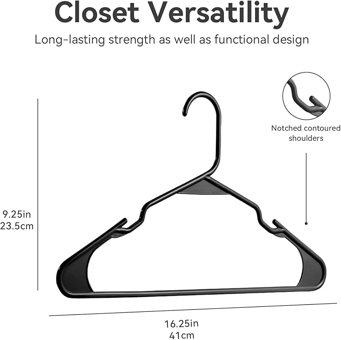 Plastic Hangers - 50 Pack, Durable Space Saving for Everyday Use and Dorm Room Essentials - Black