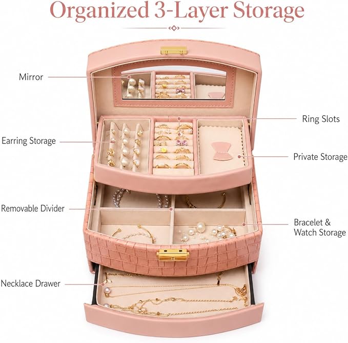 Elegant 3 Layer Lockable Jewelry Box for Women – Mirrored Jewelry Organizer with Key & Drawer, Travel Friendly PU Leather Storage Case,Gift for Wife, Mom, Daughter (Pink)