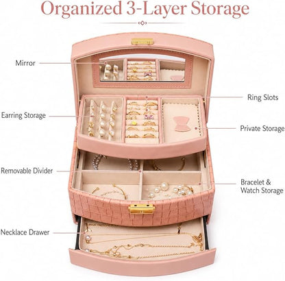 Elegant 3 Layer Lockable Jewelry Box for Women – Mirrored Jewelry Organizer with Key & Drawer, Travel Friendly PU Leather Storage Case,Gift for Wife, Mom, Daughter (Pink)