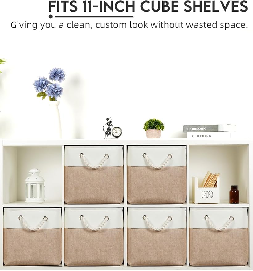 Temary 6-Pack Cube Storage Bins, 11 Inch Foldable Fabric Storage Cubes with Cotton Rope Handles, Sturdy Linen Organizer Baskets with Metal Frame for Shelves, Closet, Nursery (White&Khaki)
