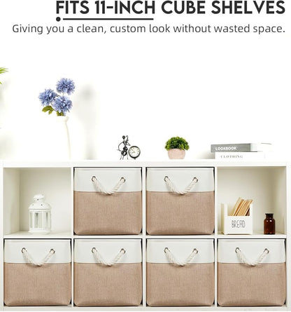 Temary 6-Pack Cube Storage Bins, 11 Inch Foldable Fabric Storage Cubes with Cotton Rope Handles, Sturdy Linen Organizer Baskets with Metal Frame for Shelves, Closet, Nursery (White&Khaki)