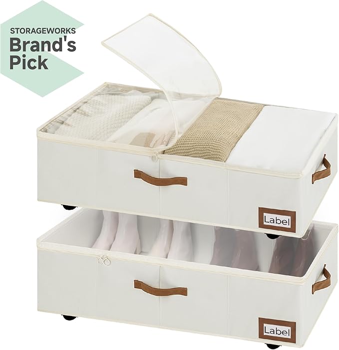 StorageWorks Under Bed Storage with Wheels, 10" Underbed Storage Containers with Lid, 90L Clothes Organizer for Blankets, Sweaters, Bedding, 2-Pack, Beige
