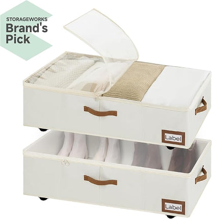 StorageWorks Under Bed Storage with Wheels, 10" Underbed Storage Containers with Lid, 90L Clothes Organizer for Blankets, Sweaters, Bedding, 2-Pack, Beige