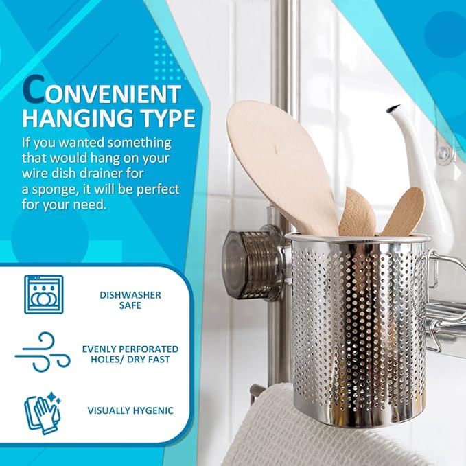 HOME&I Silverware Drying Basket, Hanging Utensil Holder for Dish Rack, Very Small Stainless Steel 304 Cutlery Caddy for Kitchen Sink & Countertop (Round)
