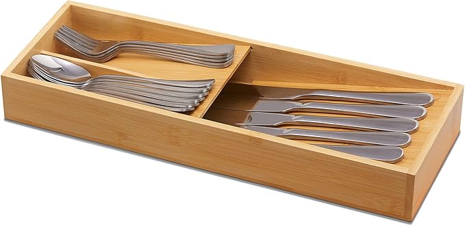 guiogc Bamboo Silverware Drawer Organizer, Kitchen Cutlery Tray,Utensil Holder for Spoons, Forks, Knives in Kitchen