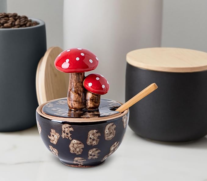 Brown Ceramic Mushroom Salt Cellar With Lid and Bamboo Spoon
