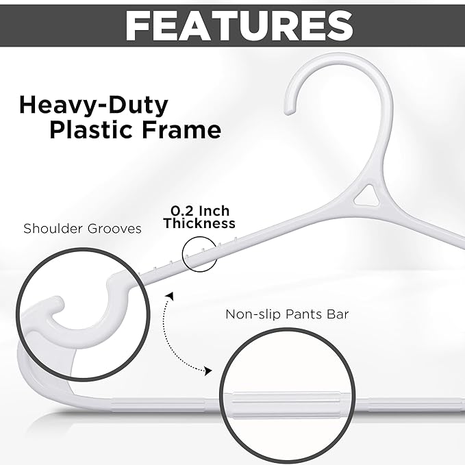 Utopia Home Plastic Hangers 50 Pack for Shirts & Pants – Space-Saving Heavy Duty Plastic Hangers with Non-Slip Shoulder Grooves & Notches - Anti-Slip Pants Bar for Increased Grip (White)