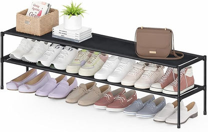 HITHIM 2 Tier Long Shoe Rack for Closet, Screw Fastened Plastic Connector Shoe Storage Organizer, Non-Woven Fabric Metal Shoe Shelf, Holds 18-21 Pairs for Front Door Entrance, 48.5"x12.1"x17.8"