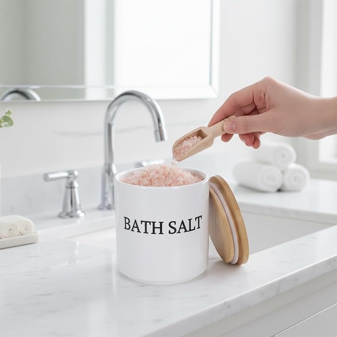 29oz Airtight Ceramic Bath Salt Jar Set - with Wooden Lid, Scoop & Anti-Slip Mat, Opaque Bathroom Storage Organization for Epsom Salt, Spa & Bath Bombs, White-S