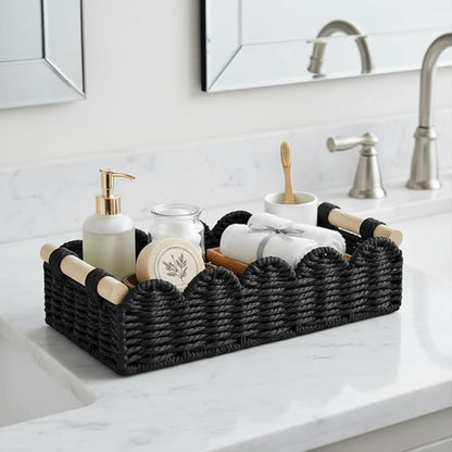 CubesLand Toilet Paper Storage Basket Organizer, Small Wicker Toilet Tank Top Decorative Baskets for Countertop, Handwoven Scalloped Basket w/handle for Home Decor, Living Room, Bedroom, Black