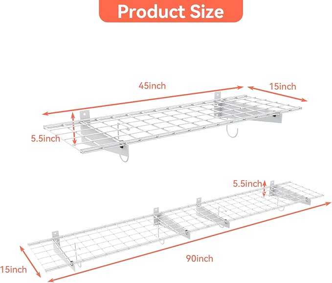 TORACK 2 Pack Garage Storage Wall Shelves, 15" x 45" Wall Mounted Wire Shelves for Garage Heavy Duty Wall Shelving(Pack of 2, White)