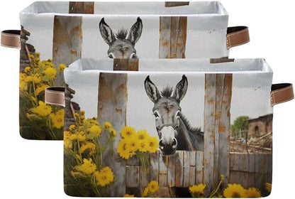 Storage Basket Donkey with Yellow Flowers Durable Canvas Collapsible Toy Box Organizer Bin with Handles for Shelf Closet Bedroom Home Office