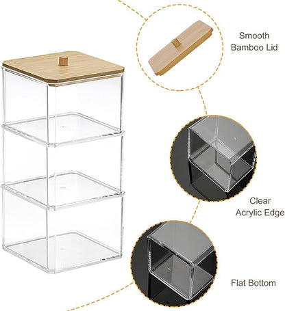 Hipiwe 3 Tiers Acrylic Cotton Swab Organizer Clear Qtip Holder with Lid Stackable Bathroom Accessories Storage Box for Office Living Room Bathroom, 3.7 x 3.5 x 7.8 Inch