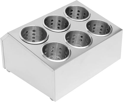 Commercial Utensil Holder, Stainless Steel Cylinder Flatware Silverware Utensil Holder Organizer Countertop Forks Spoons Knife Utensil Caddy Compact Cutlery Organizer(6 Hole)
