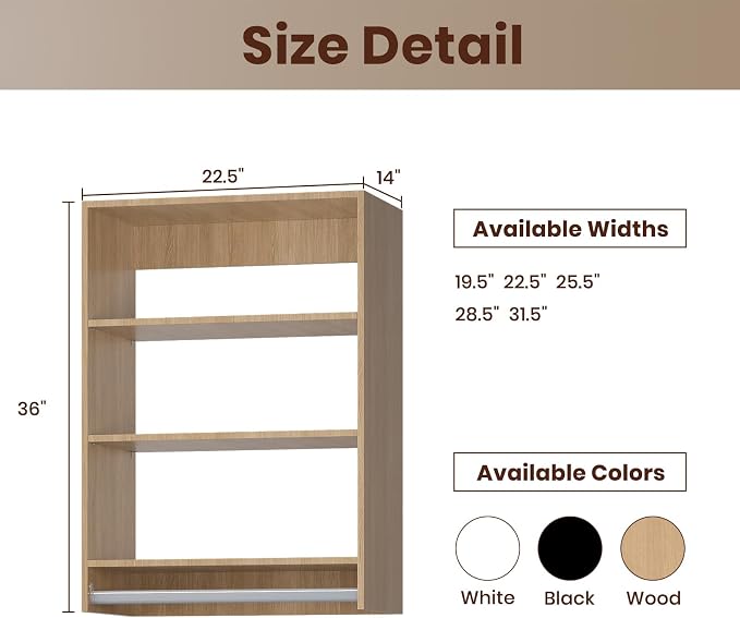 ROOMTEC 22.5" Medium Hanging Closet Unit, Modular Closet System with Hanging Rod, Wardrobe Organizer for Bedroom or Walk-in Closet, Wall Mounted, Customizable Clothes Storage Unit, Wood